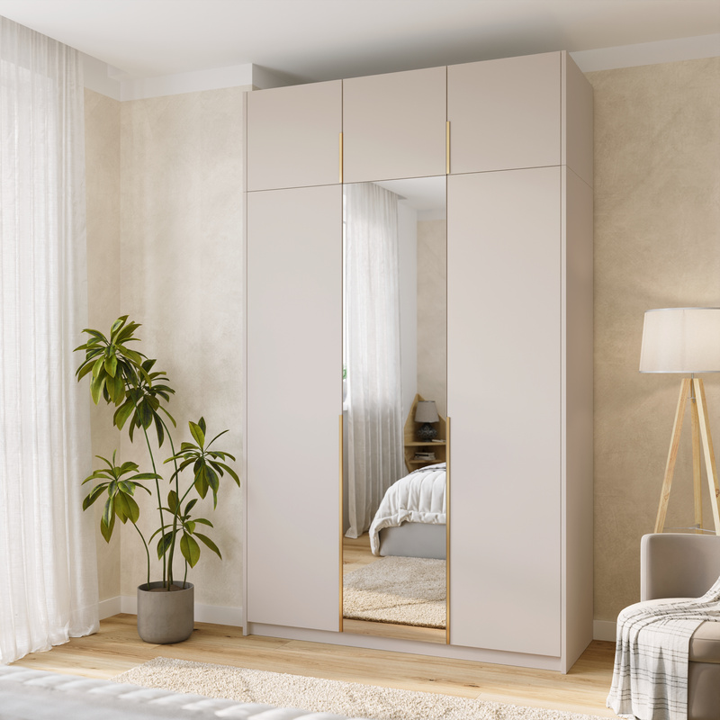 Kaszmirowa wysoka szafa uchylna z lustrem i półkami 150 cm ASAN