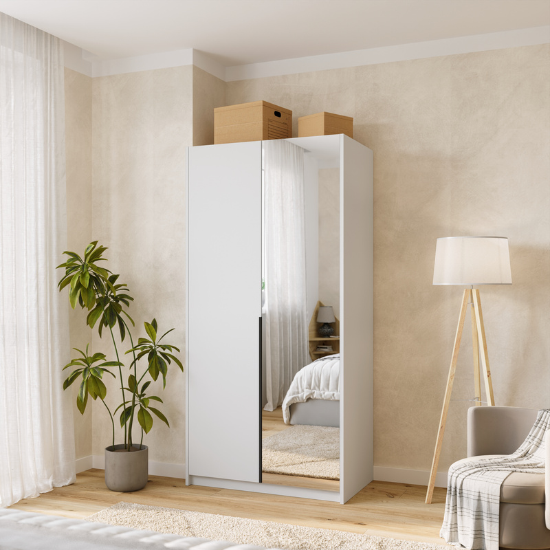 Dwudrzwiowa biała szafa uchylna z lustrem i półkami 100 cm ASAN