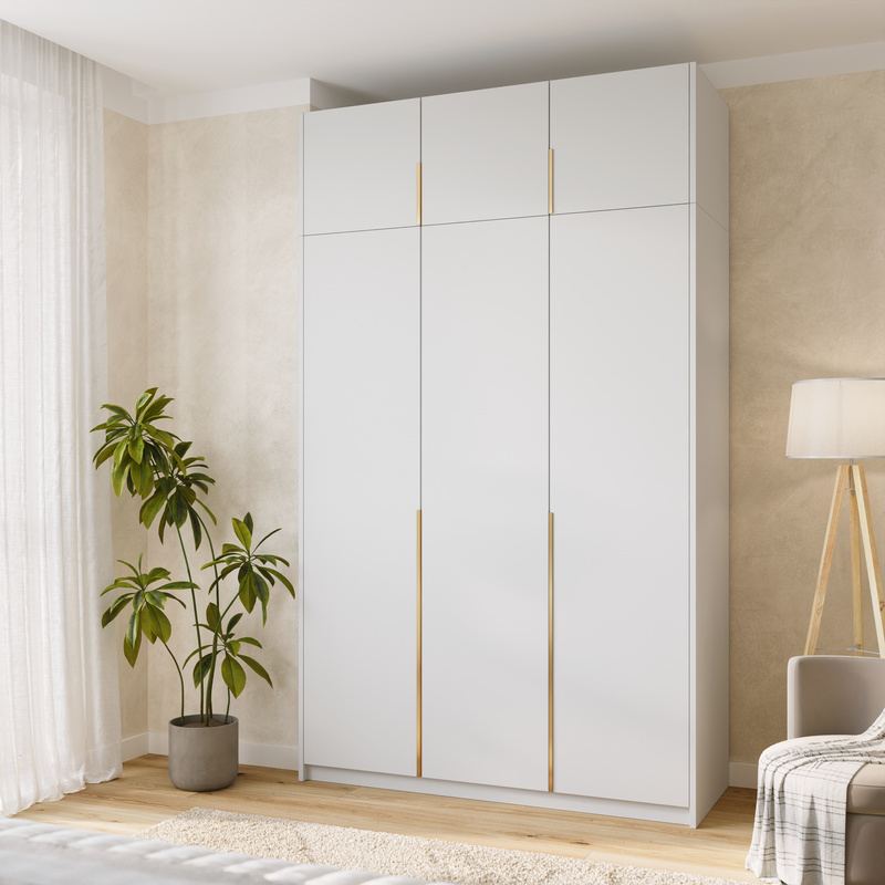 Wysoka biała szafa uchylna z półkami i drążkami 150 cm ASAN