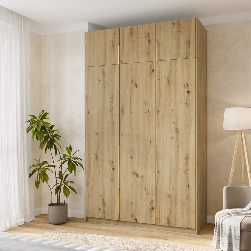 Wysoka szafa uchylna z półkami i drążkami 150 cm ASAN dąb artisan