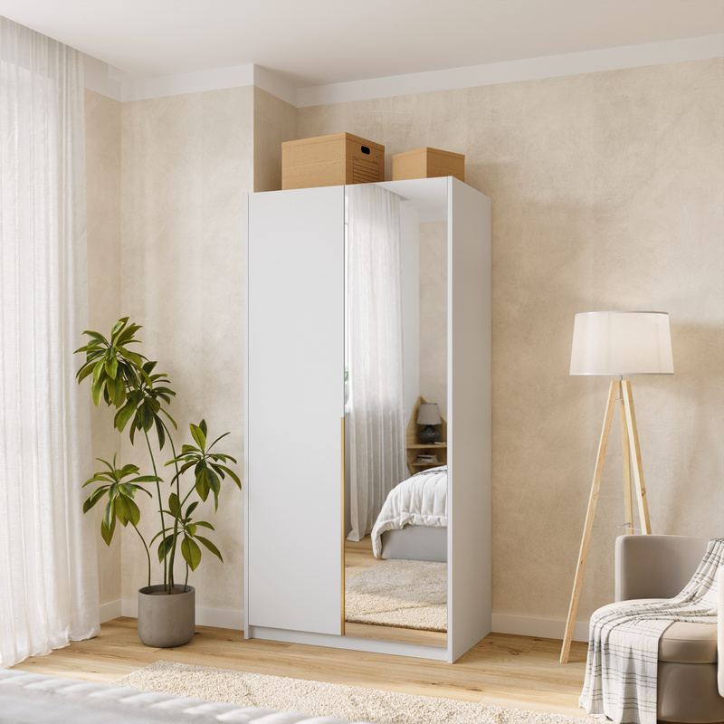 Biała uchylna szafa dwudrzwiowa z lustrem i półkami 100 cm ASAN