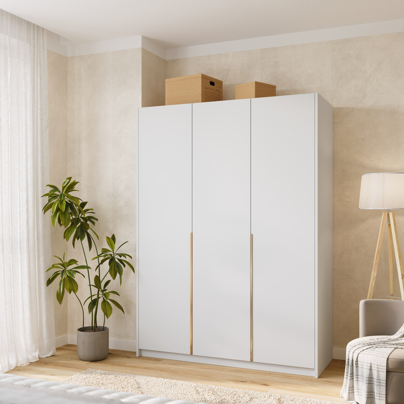 Trzydrzwiowa szafa uchylna z półkami i drążkami 150 cm ASAN biała