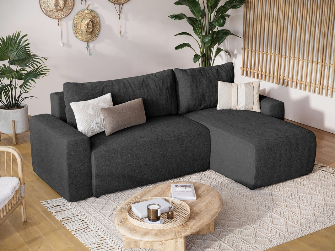 Grafitowy narożnik z funkcją spania i pojemnikiem PLUSH L baranek