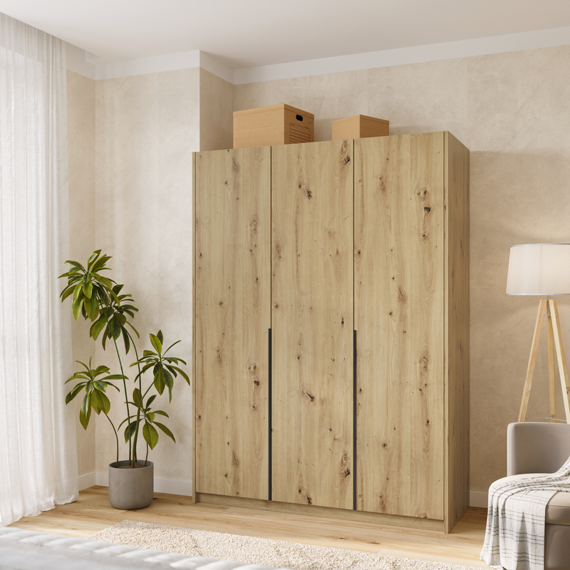 Trzydrzwiowa szafa uchylna z półkami i drążkami 150 cm ASAN dąb artisan