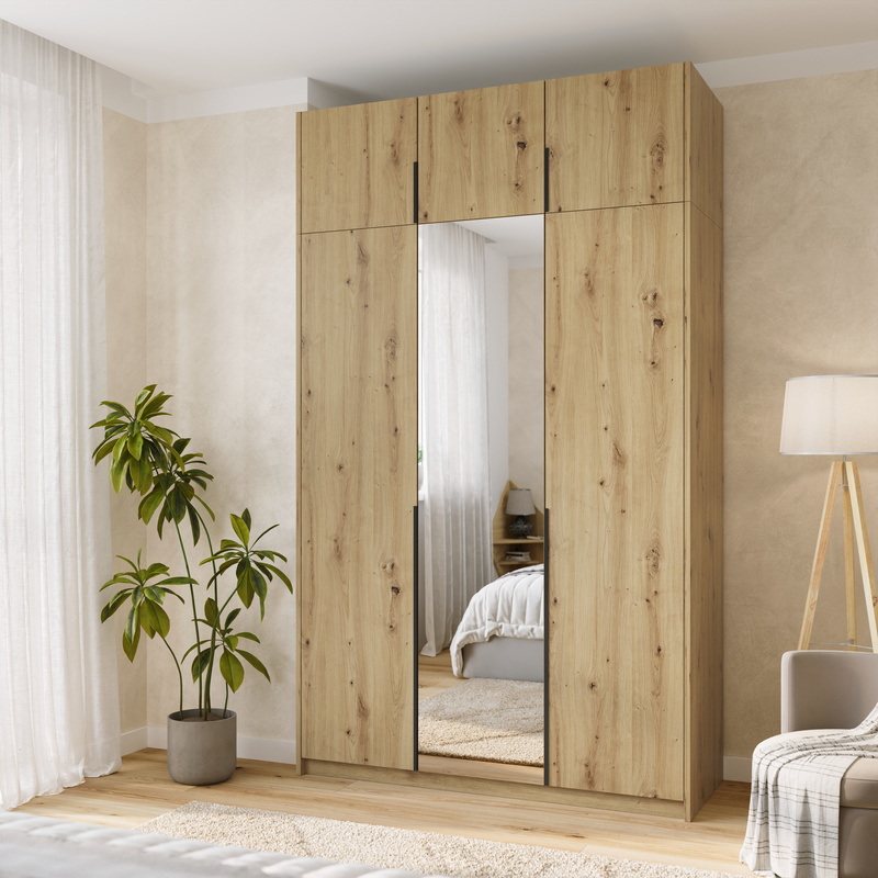 Wysoka szafa uchylna z lustrem 150 cm ASAN dąb artisan