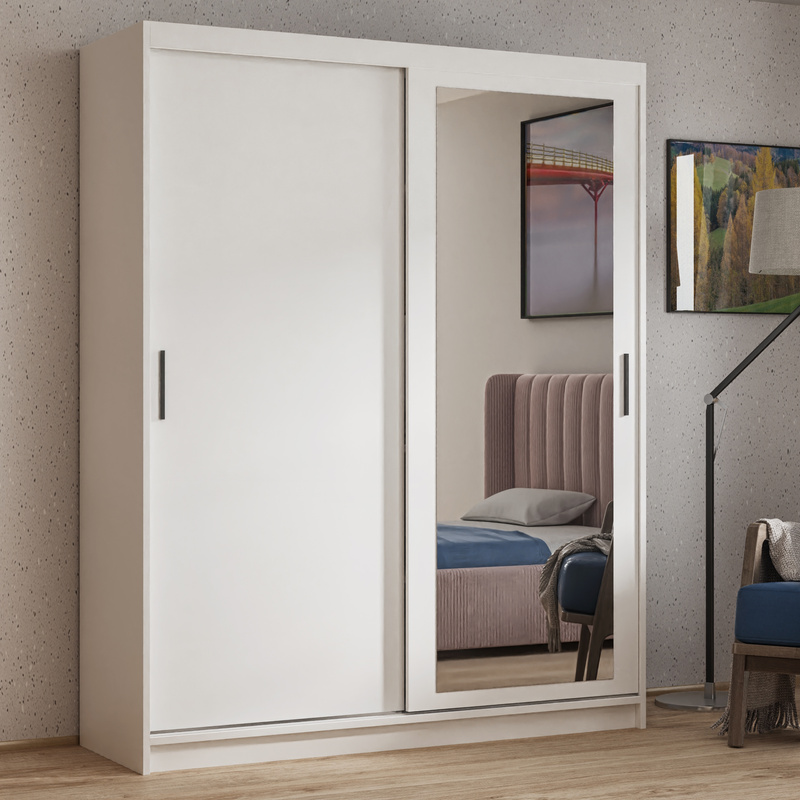 Biała szafa przesuwna z półkami i drążkiem 100 cm HARON dwudrzwiowa