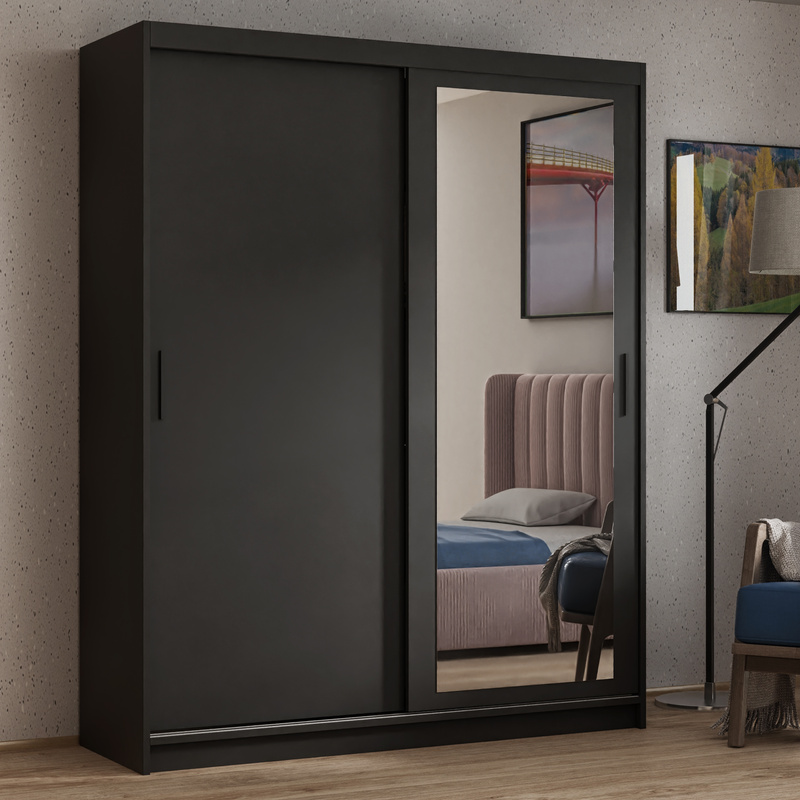 Czarna szafa przesuwna z półkami i drążkiem 160 cm HARON dwudrzwiowa