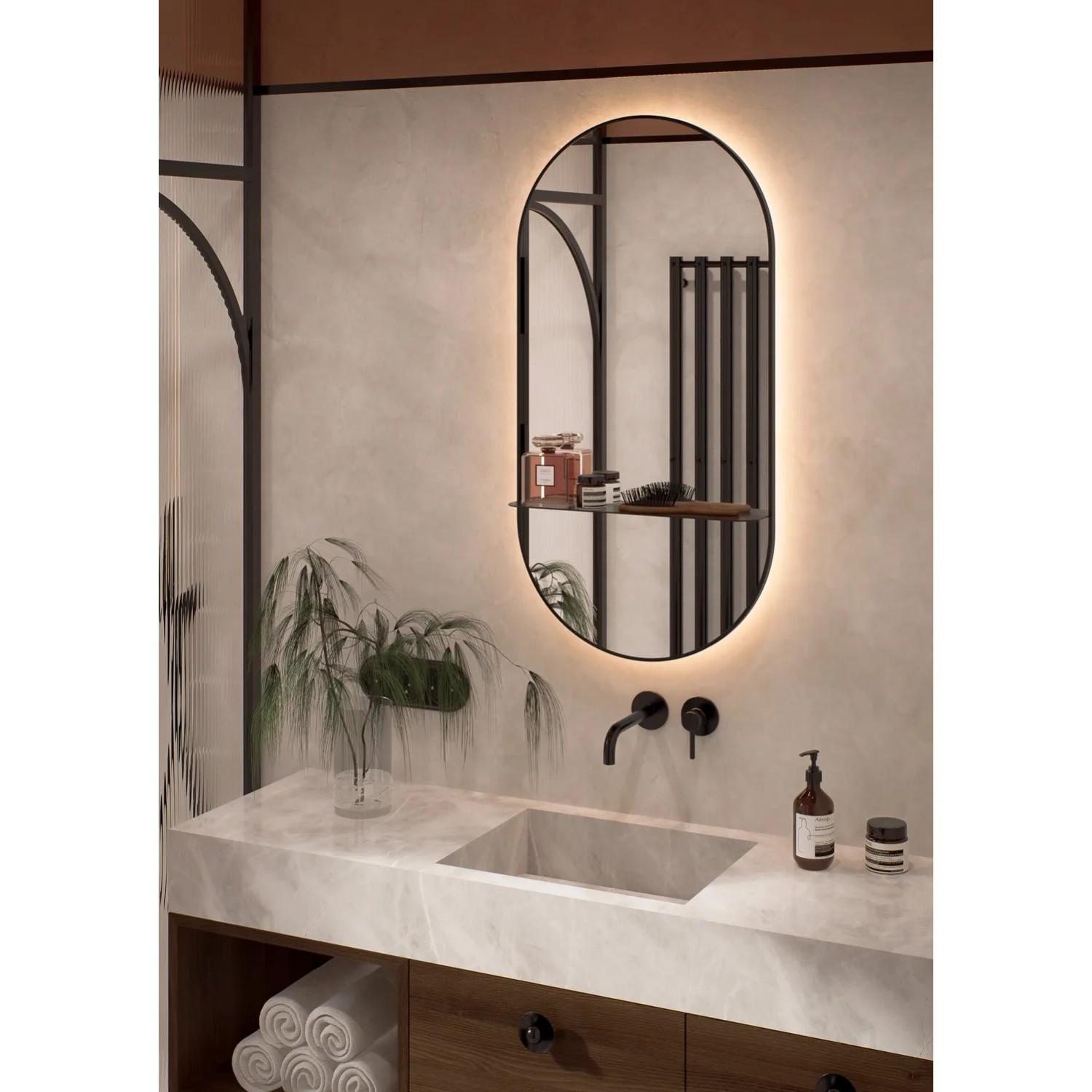 Lustro z LED Oval Line czarna rama z półką 100x50