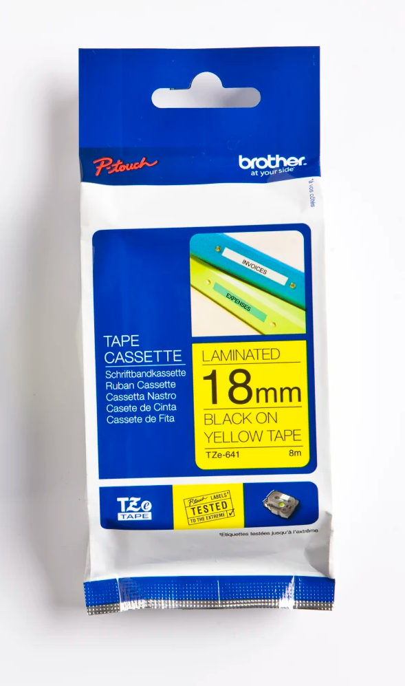 Taśma do drukarki Brother TZE-641, laminowana, 18mmx8m, nadruk czarny, taśma żółta
