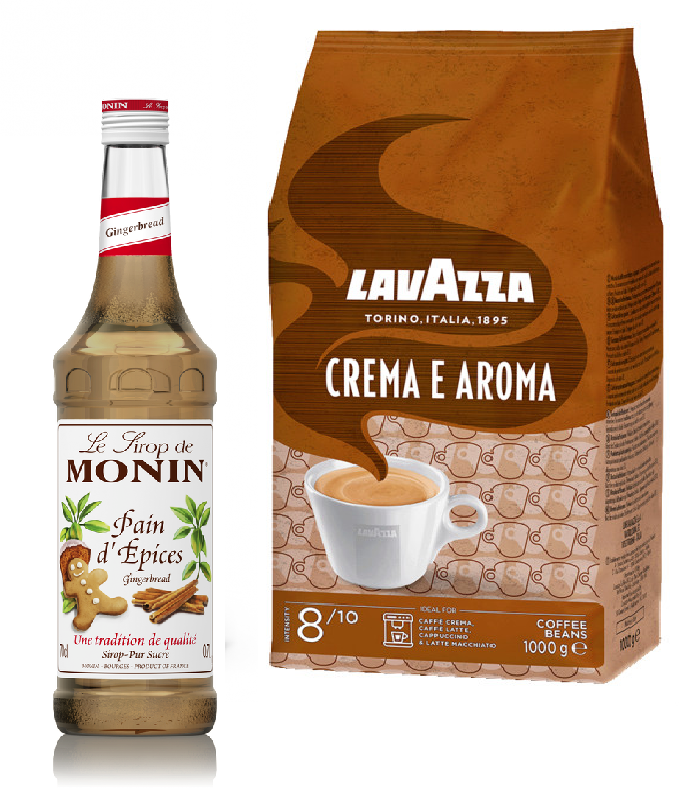 Zestaw: Kawa ziarnista Lavazza Crema e Aroma, 1kg + Syrop Monin, piernikowy, 700ml