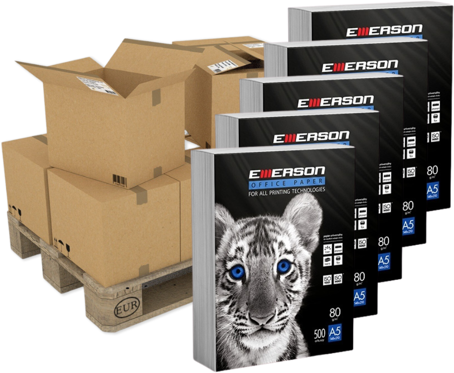 600x A5 Papier ksero Emerson Office Paper, A5 (1/2 kartki do drukarki), 80g/m2, 500 arkuszy, biały