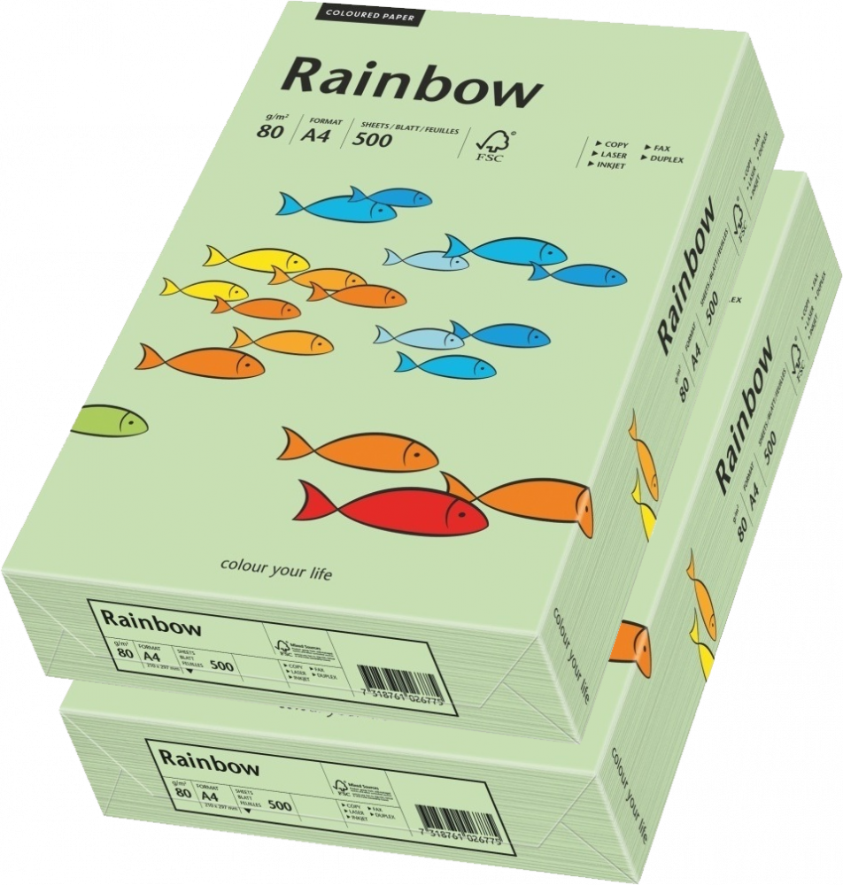 2x Papier ksero ekologiczny Rainbow, A4, 80g/m2, 500 arkuszy, seledynowy (R75)