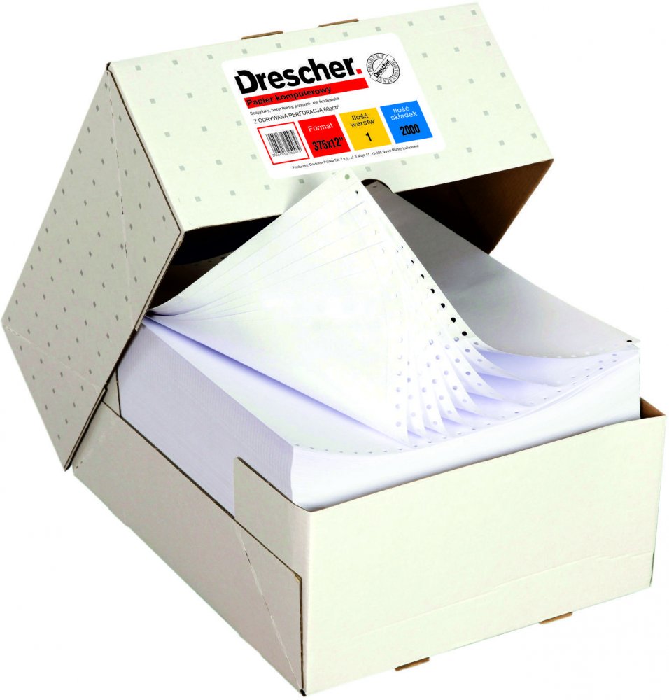 Papier offsetowy do drukarki igłowej (składanka) Drescher Polska Sp. z o.o., 375mm, 1+0, bez nadruku