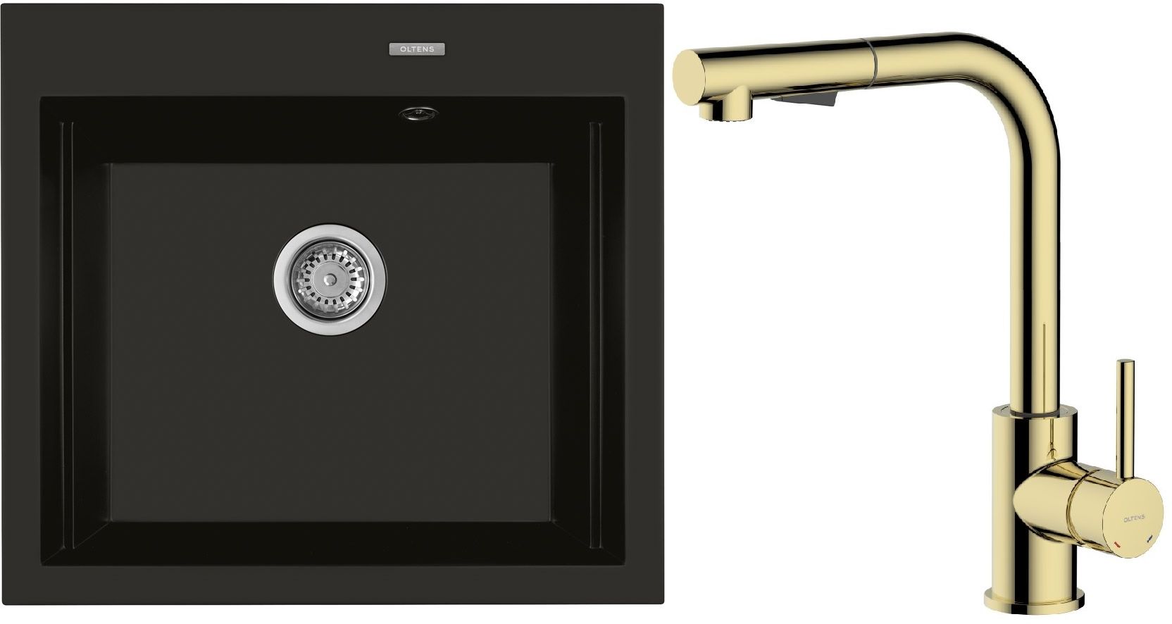 Zestaw Oltens Gravan zlewozmywak granitowy 1-komorowy 57x51,5 cm z baterią kuchenną Myvat czarny mat/złoty połysk (72000300, 35205800) - Wysyłka w 24h