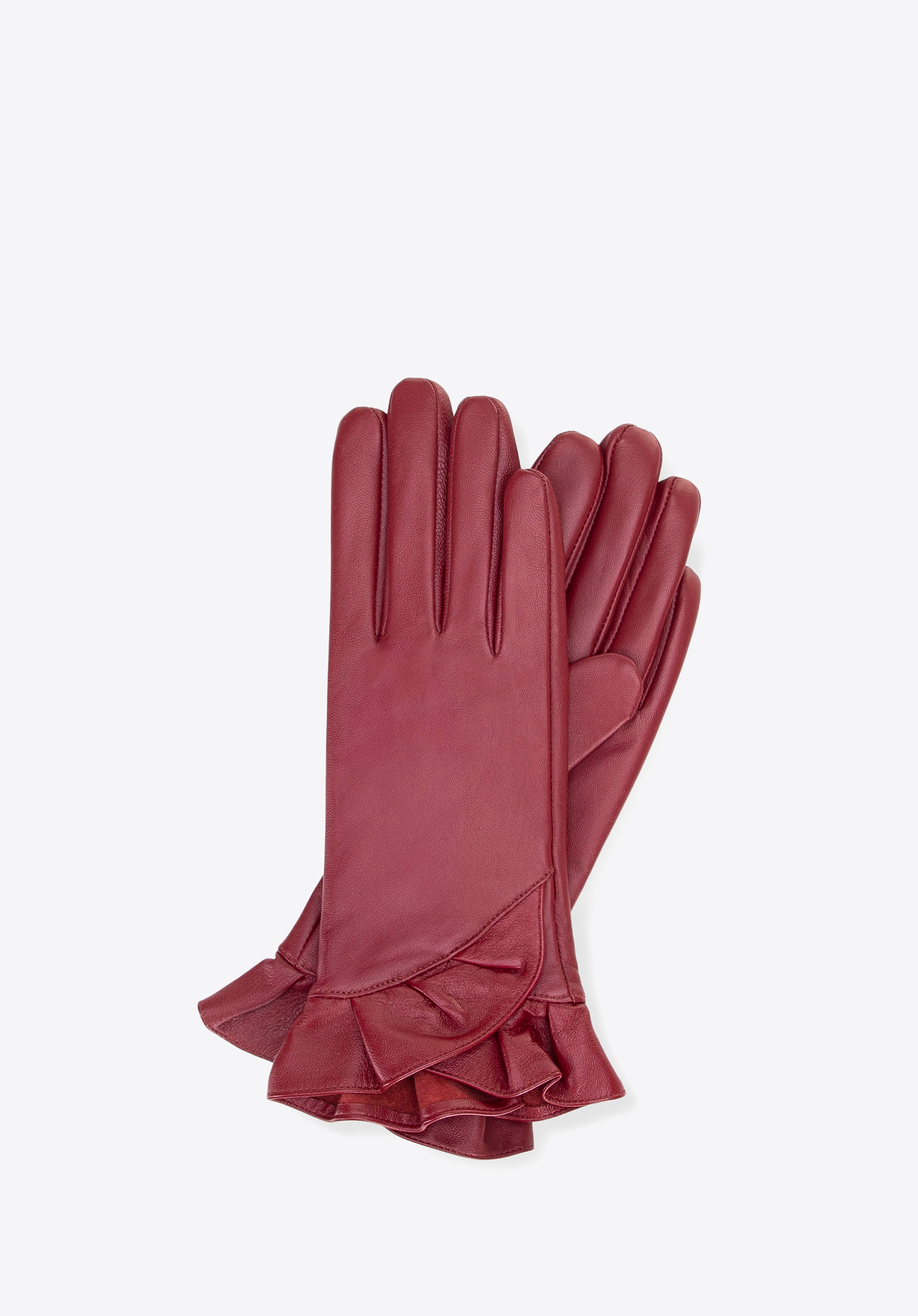 Damskie rękawiczki skórzane z dekoracyjną falbaną bordowe