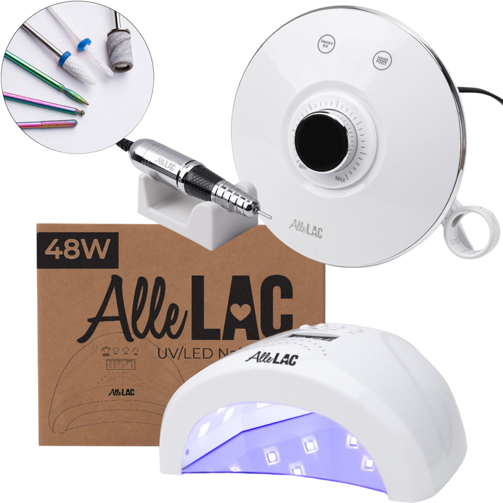 Zestaw 2w1 Lampa Do Paznokci LED/UV ALLELAC 1S + Frezarka Do Paznokci M17 Biała