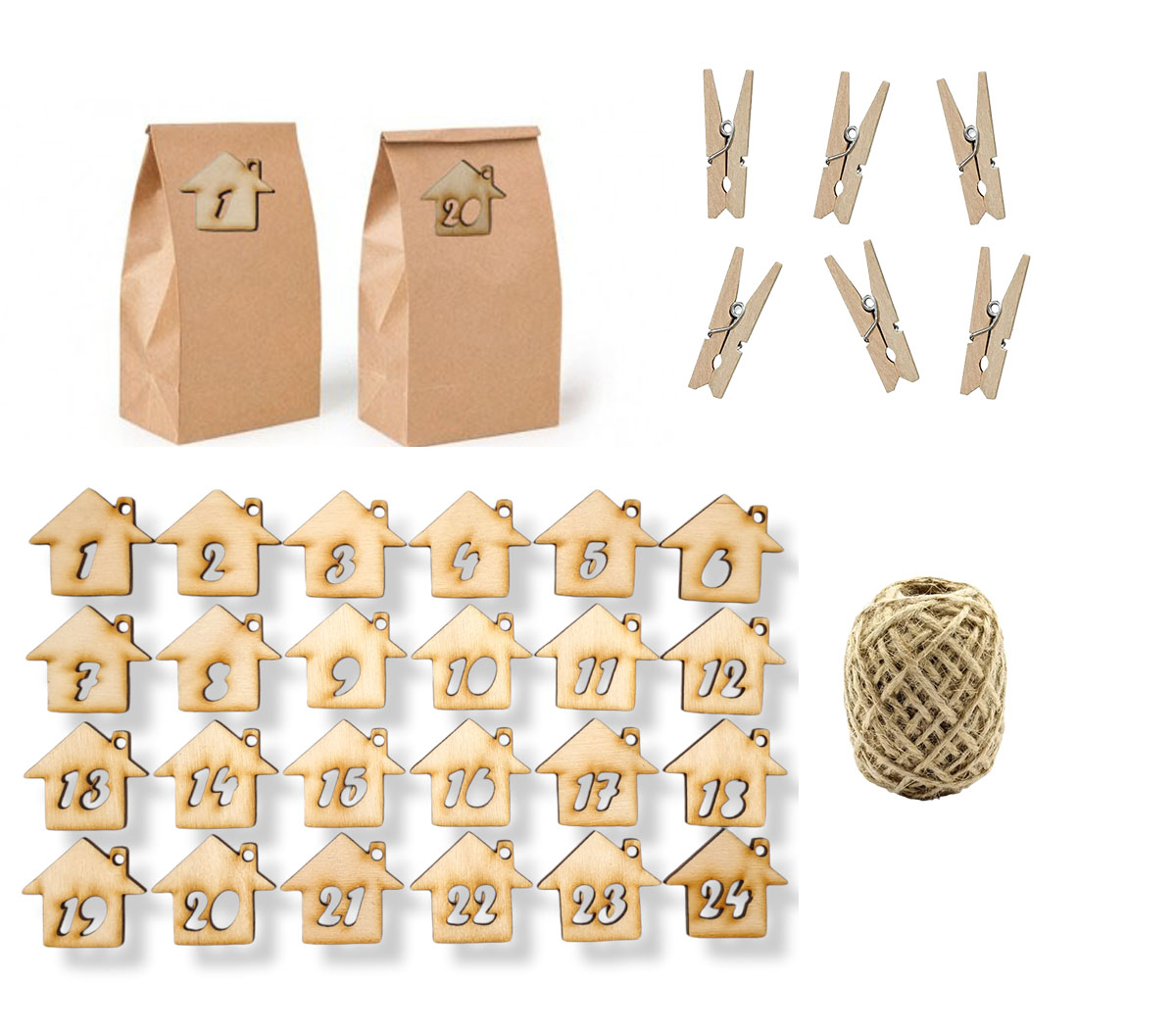 Kalendarz adwentowy torebki kraft 24 szt. + numerki, sznurek i klamerki, Drewniane domki, EKO Zestaw