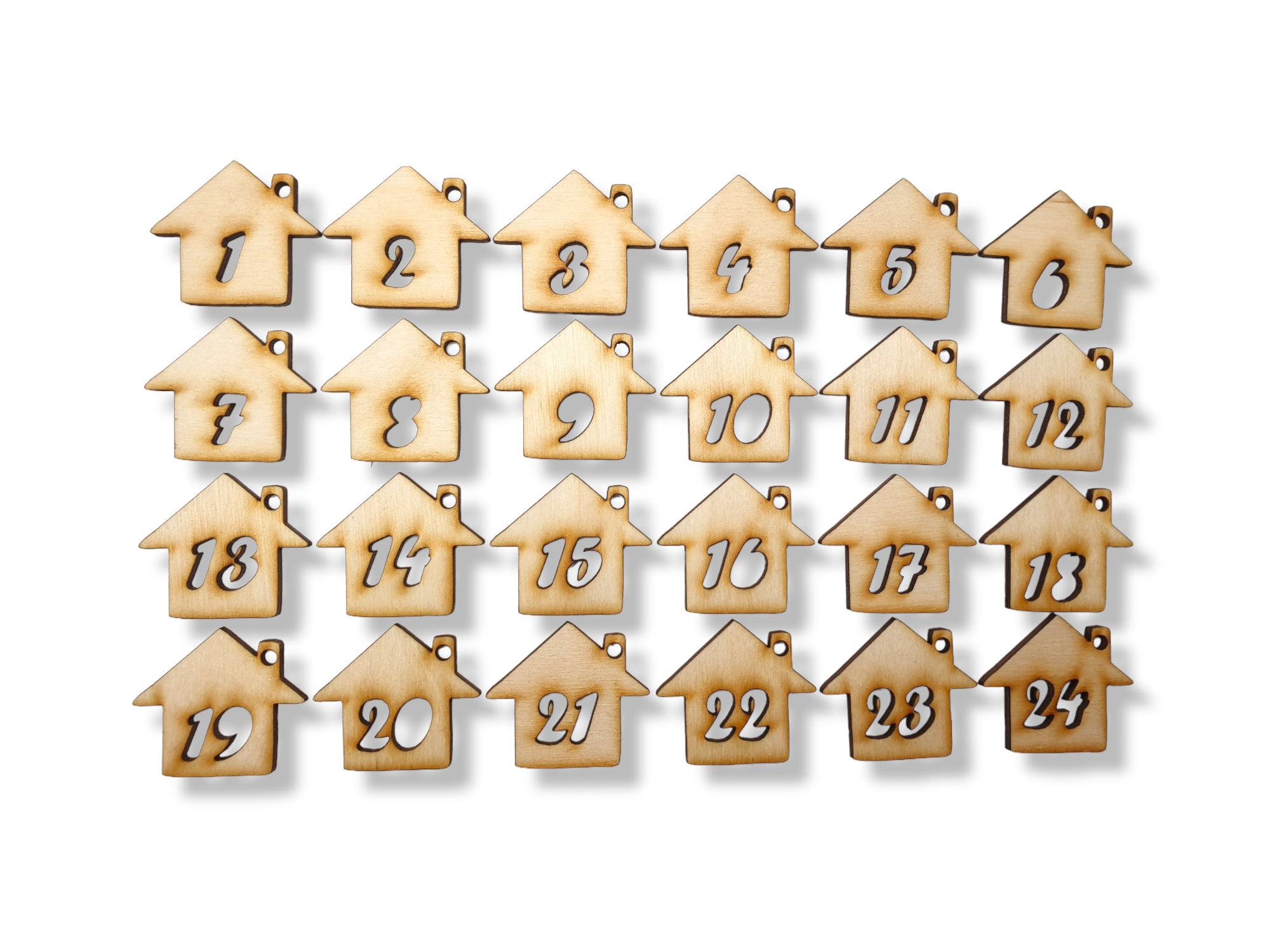 Drewniane numerki do kalendarza adwentowego zawieszki cyferki domki scrapki dekoracja Boże Narodzenie