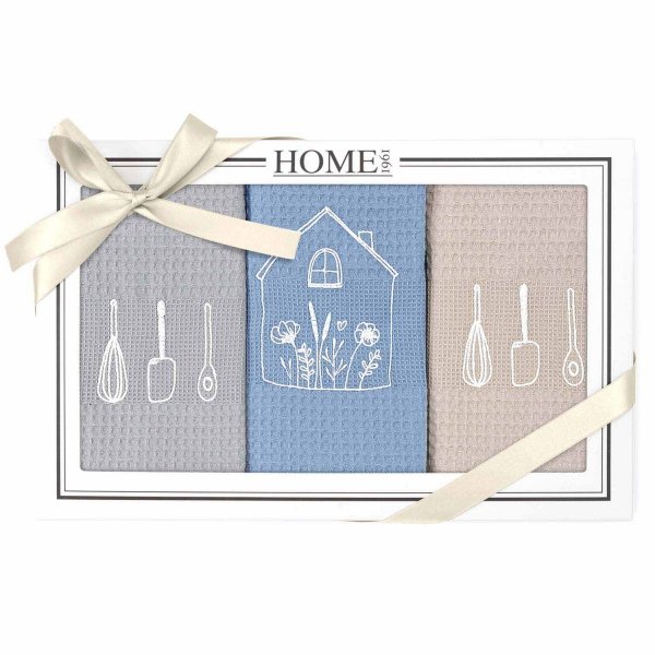 Komplet 3 ręczników kuchennych 50X70 cm HOME 1961 wz. 2 popiel / niebieski / beż