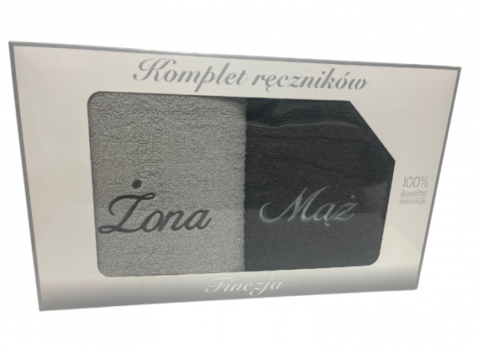 Komplet ręczników Mąż Żona 2 x 70x140 100% bawełna wz. szary - grafit