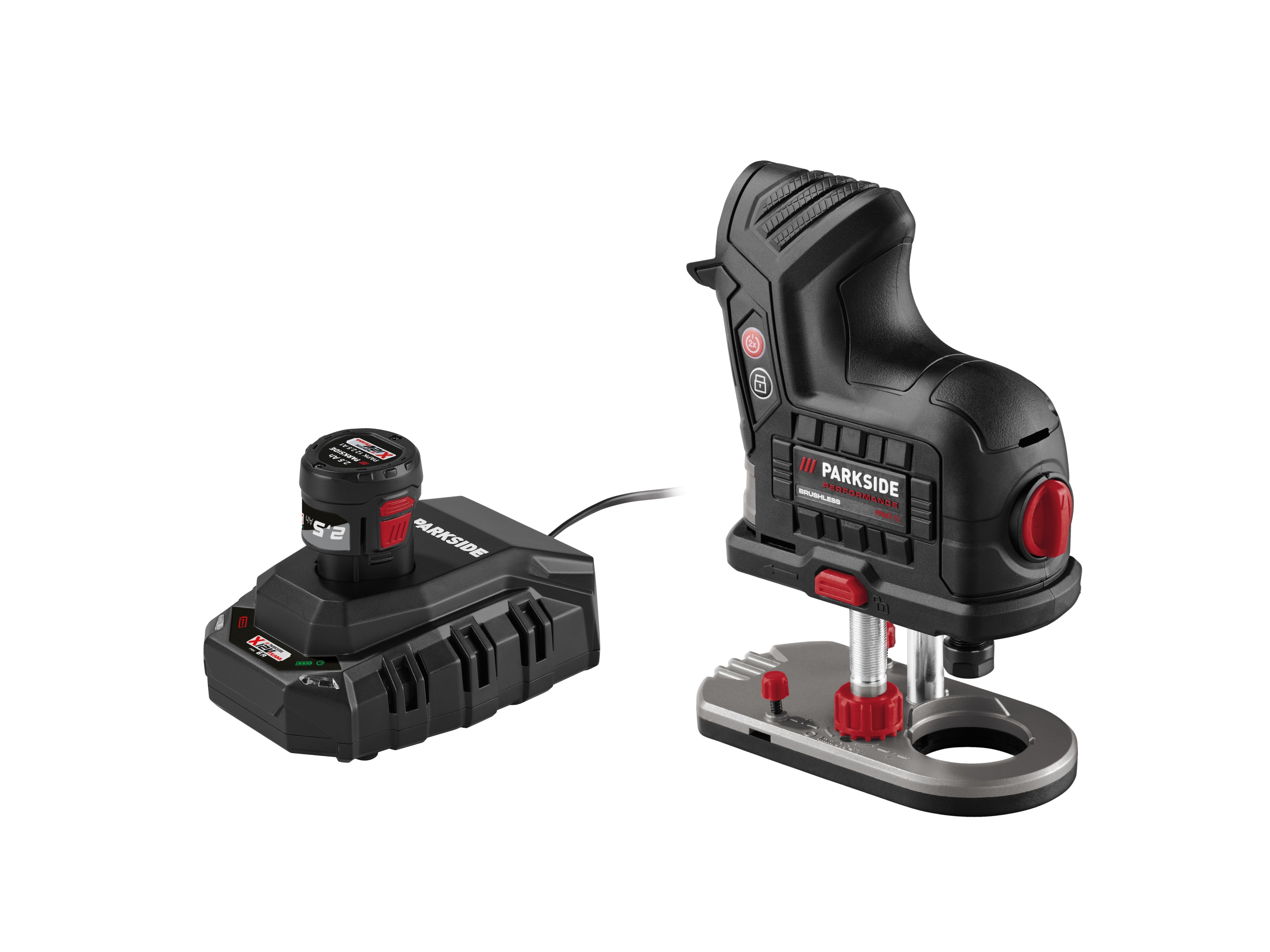 Zestaw Akumulatorowa frezarka krawędziowa, 12 V z akumulatorem, 2,5 Ah i ładowarką, 6 A