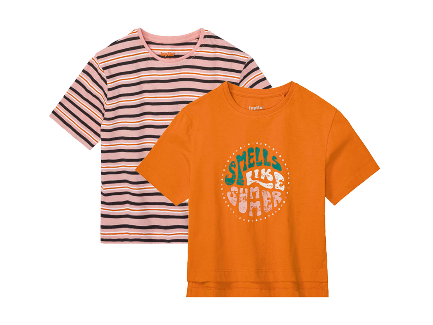 lupilu T-shirty dziewczęce z bawełny, 2 sztuki 98/104, Paski/pomarańczowy