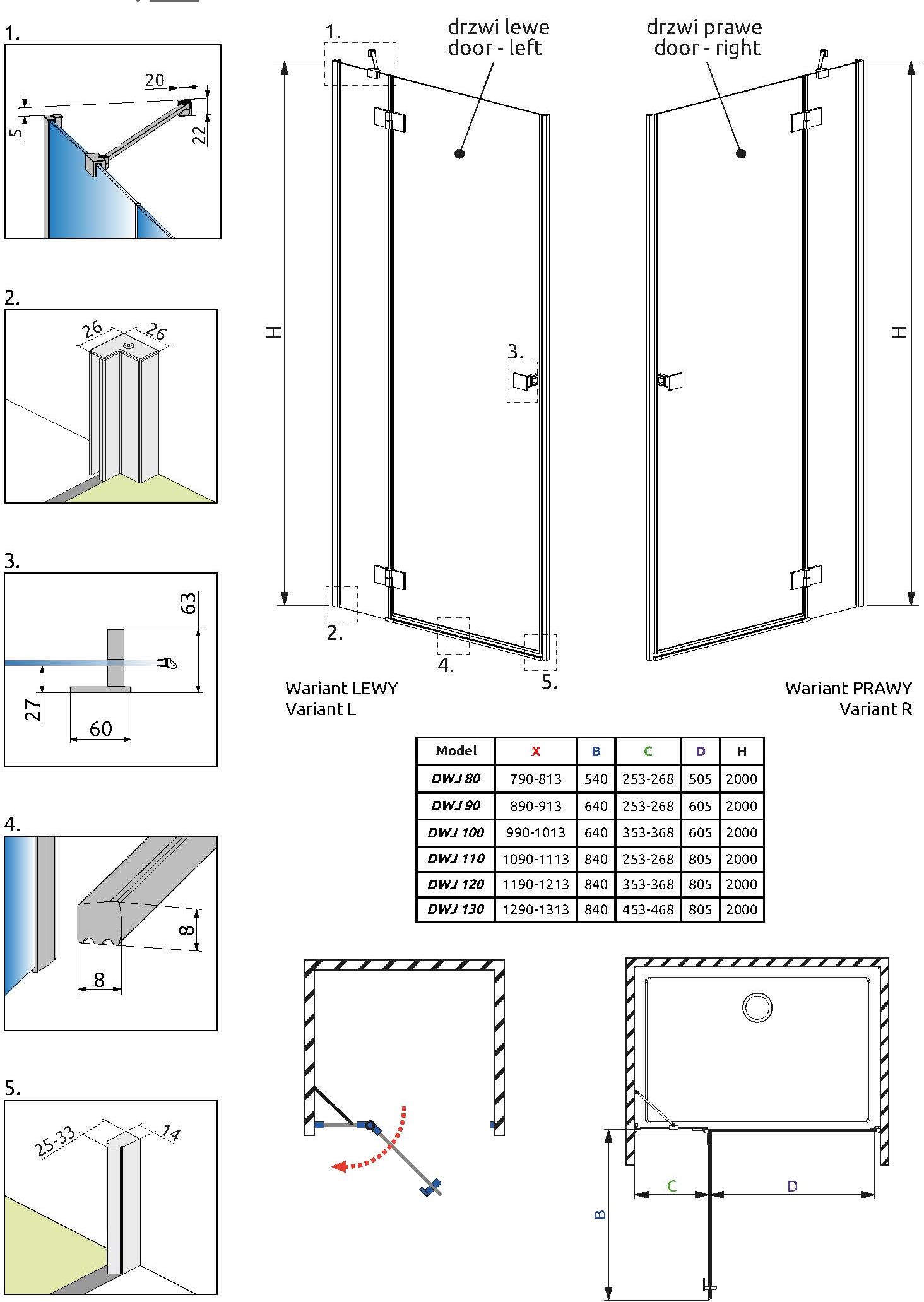 Darmowa Dostawa - Drzwi prysznicowe 110 cm uchylne szczotkowany/szkło przezroczyste Radaway Essenza Brushed GunMetal DWJ 13850159201R