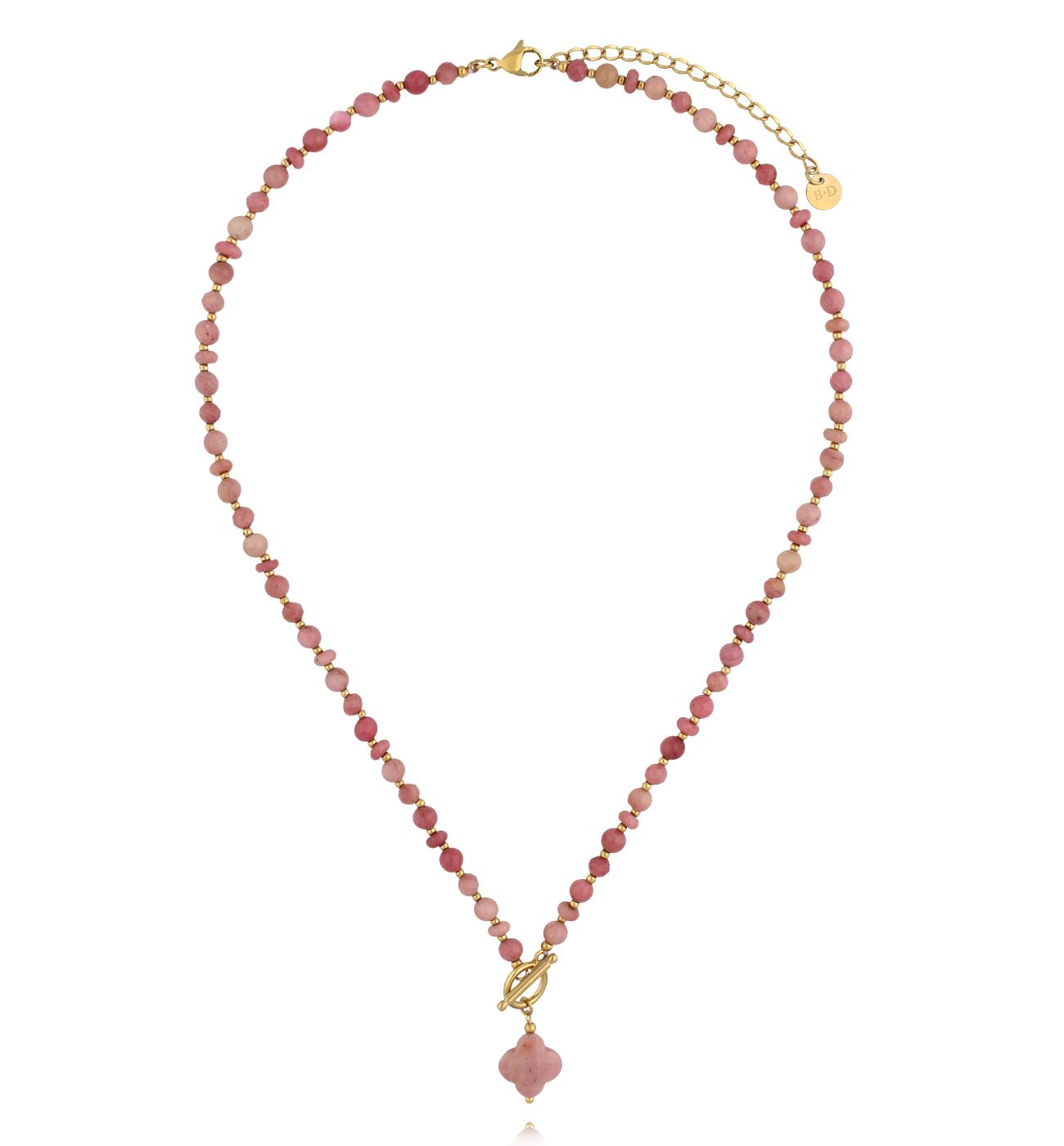 Naszyjnik z rodonitu z zawieszką koniczynki NPA1610