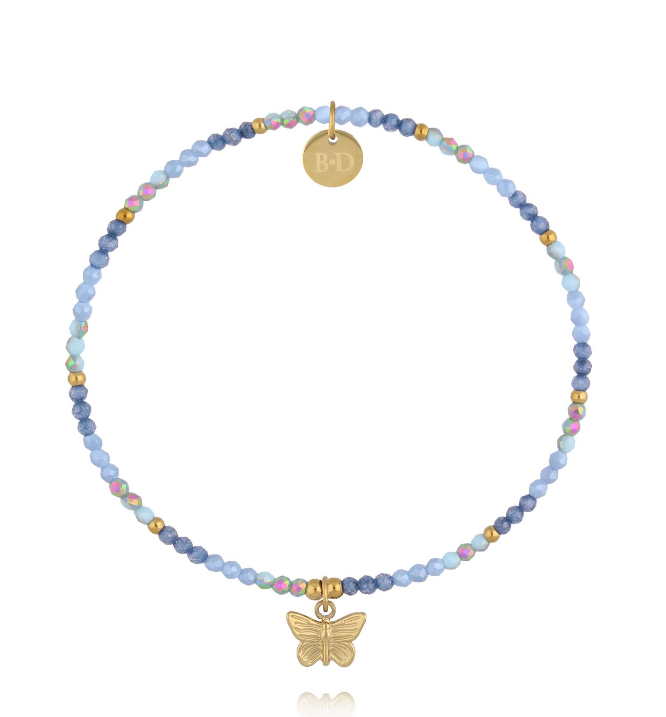 Bransoletka z niebieskich kryształków z zawieszką motyla - By Dziubeka