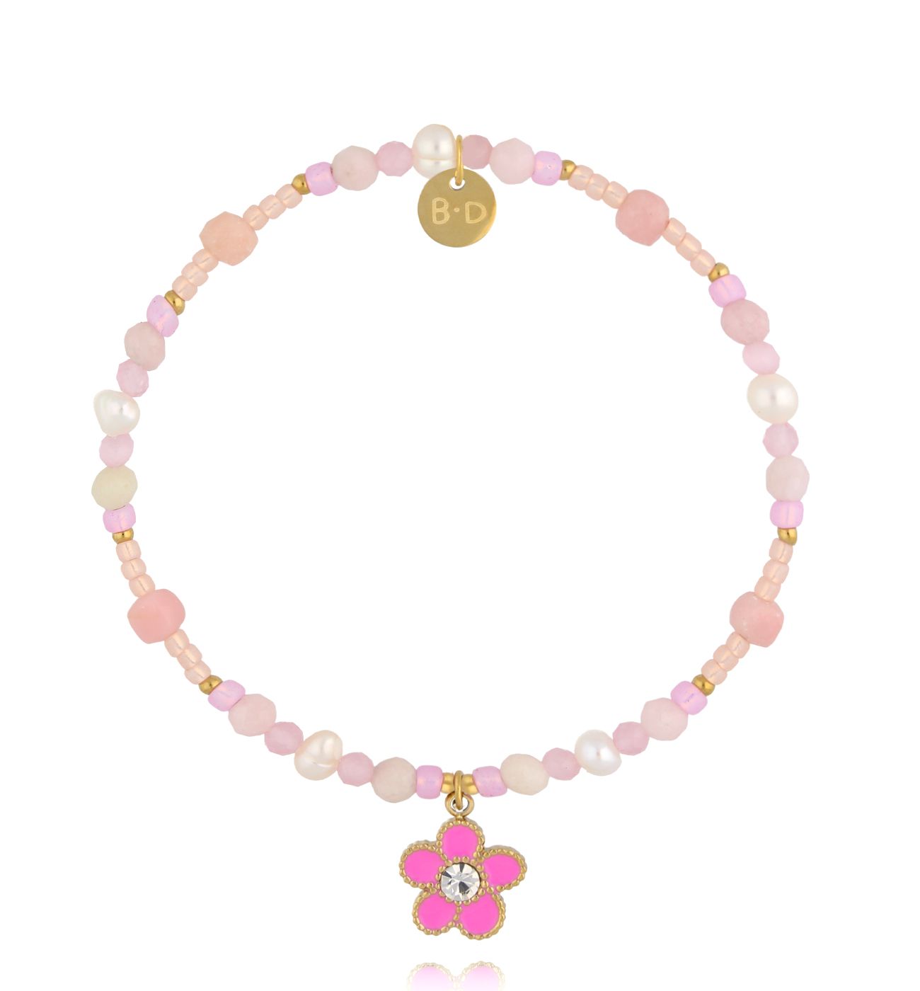 Bransoletka różowa z perełkami i zawieszką kwiatka - By Dziubeka