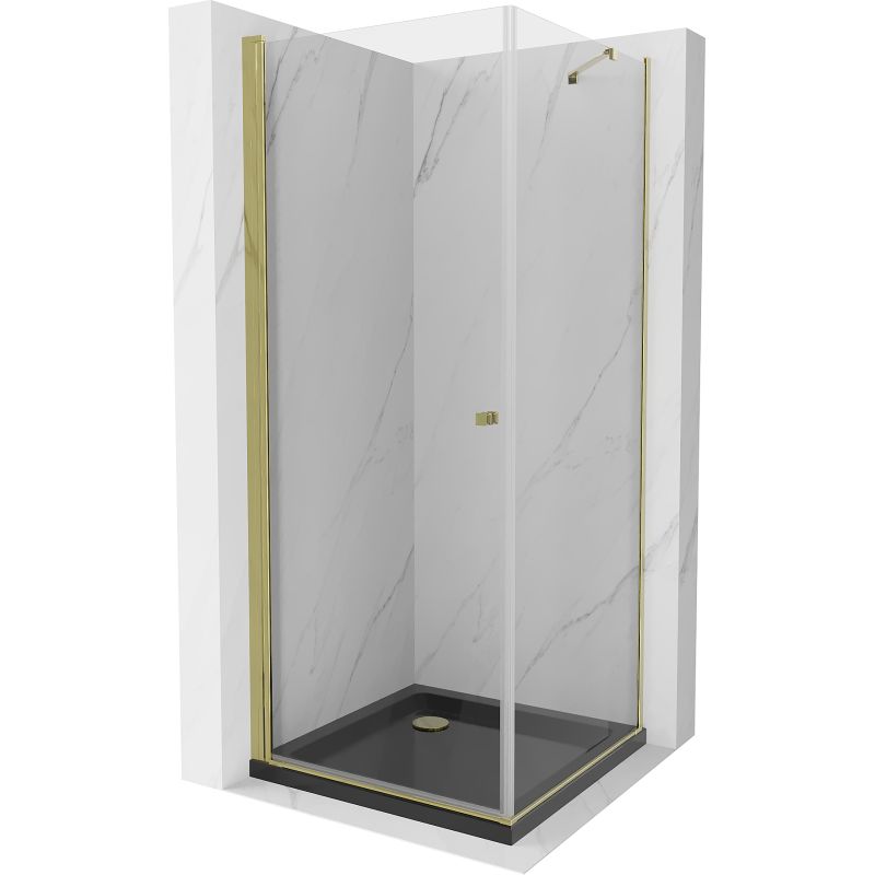 Kabina prysznicowa Mexen uchylna Pretoria 70 x 70 cm transparent rama złota i brodzik Flat czarny 1 kpl.