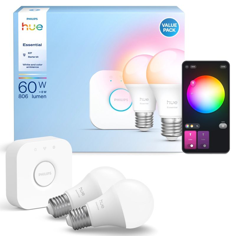 Żarówka LED Philips HUE E27 A60 8W 806lm 2200-6500K CCT RGB Inteligentna Bluetooth Zestaw Startowy White and Color Ambiance 2 szt.