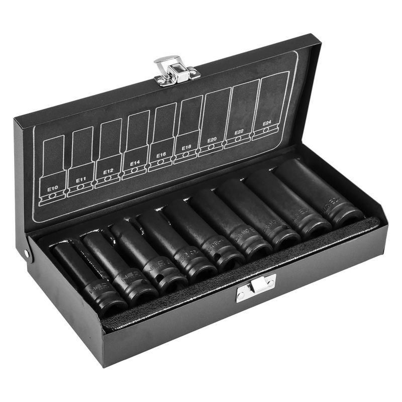 Nasadki udarowe NEO TOOLS 1/2", E10-E24, zestaw 9 szt., CrMo 1 kpl