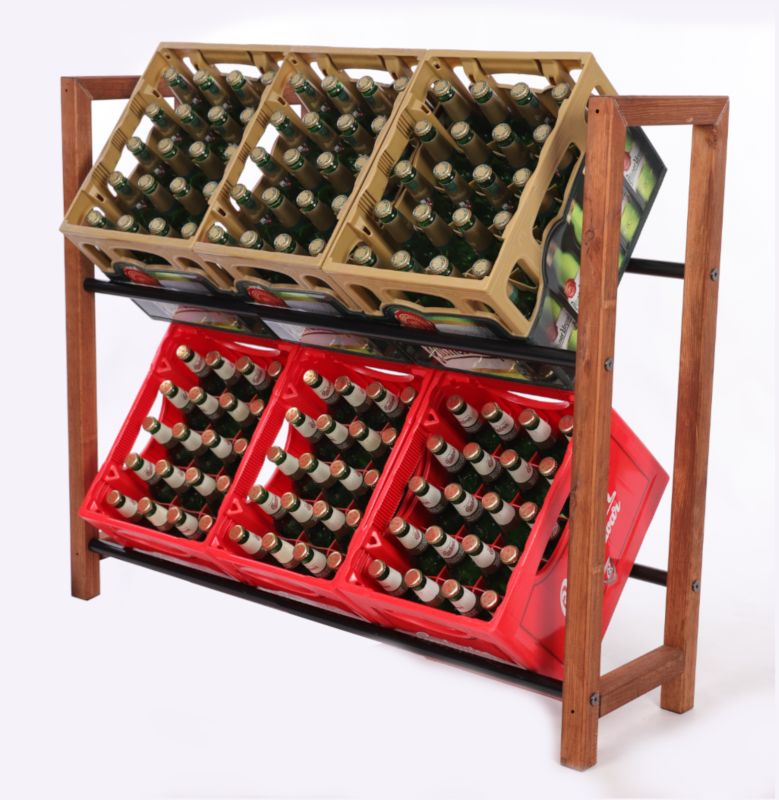 Regał na skrzynki MODO24 drewniany z metalowymi drążkami 2-poziomowy brązowy 1 szt.