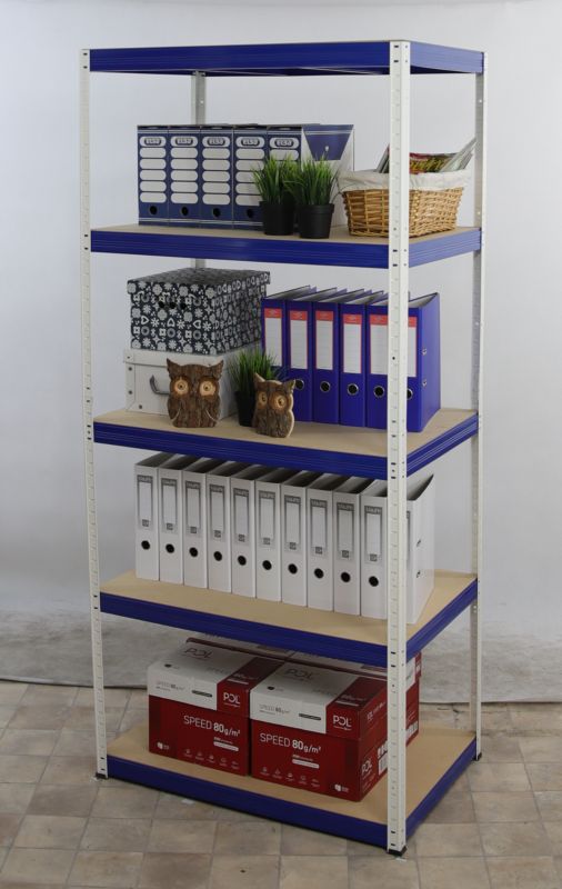 Regał metalowy MODO24 magazynowy biało-niebieski helios 213x90x30cm 5 półek po 350 kg 1 szt.