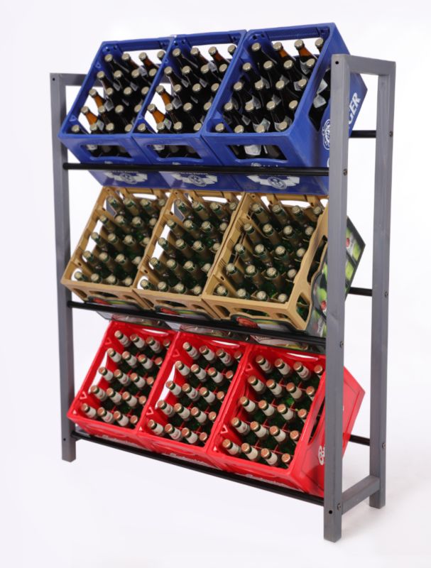 Regał na skrzynki MODO24 drewniany z metalowymi drążkami 3-poziomowy szary 1 szt.