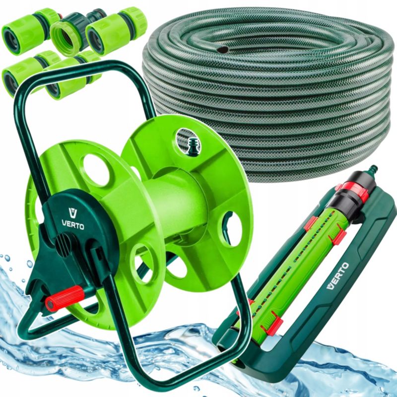 Wąż ogrodowy na małym bębnie ze zraszaczem oscylacyjnym i złączkami VERTO, 30 m, 1/2", 1 kpl.