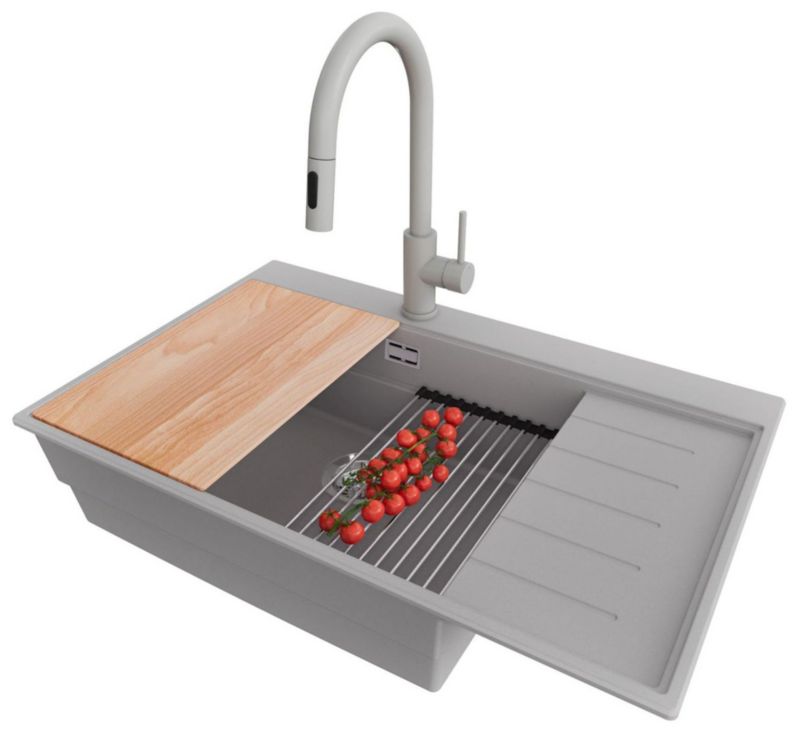 Zlewozmywak Granitowy Sydney PRIMAGRAN Nablatowy 78x50cm do szafki od 60cm, Szary + Bateria 40x20cm + Syfon + Akcesoria, , 1 szt.