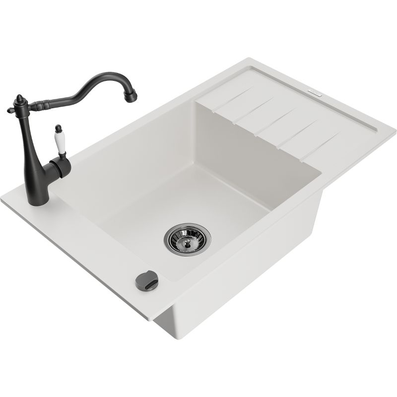 Zlewozmywak granitowy 1-komorowy Mexen Elias z ociekaczem i baterią kuchenną Carla czarny - 6511-77-670700-70 1 szt.