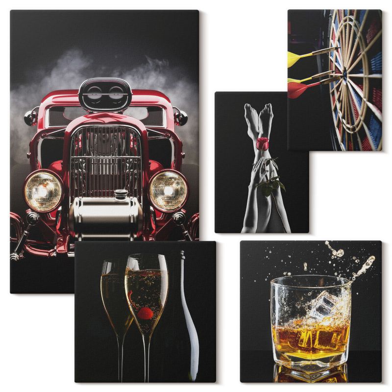 Komplet Obrazów Na Płótnie Wallfluent Kobiece nogi róża auto whisky 5 szt.