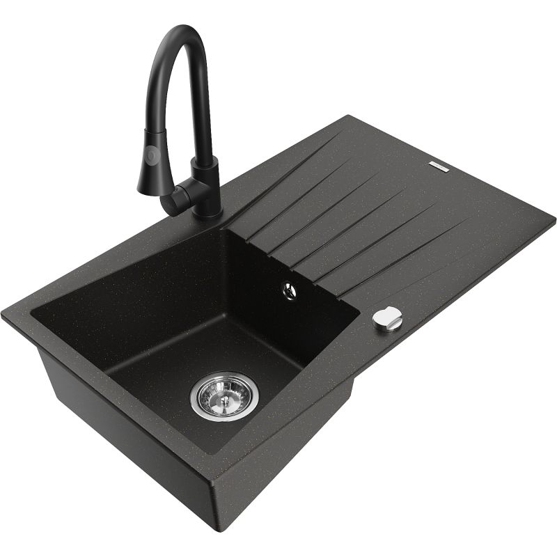 Zlewozmywak granitowy 1-komorowy Mexen Cesar z ociekaczem i baterią kuchenną Elia szary - 6514-71-670101-00 1 szt.