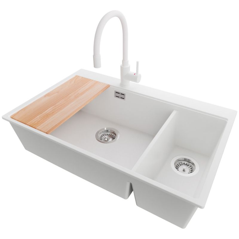 Zlewozmywak Granitowy Oslo Duo PRIMAGRAN Nablatowy 78x50cm do szafki od 80cm, Biały + Bateria + Syfon + Deska, S101, 1 szt.