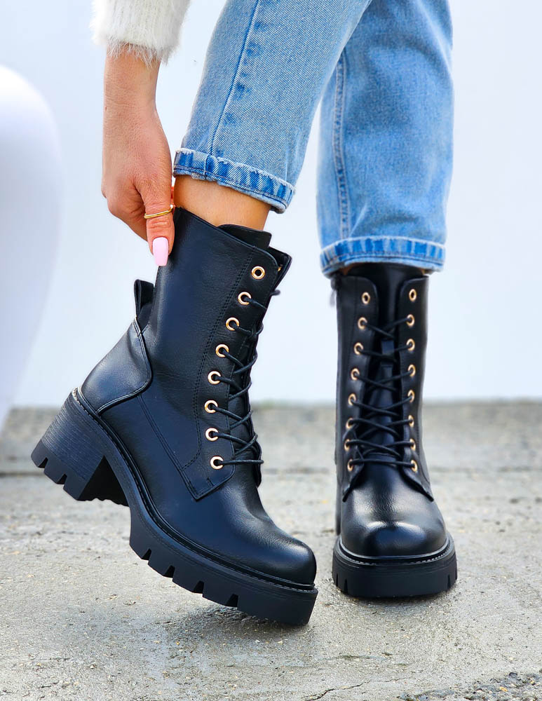 Botki Damskie Ocieplane Zimowe Oficerki Ze Skóry Na Klocku Star