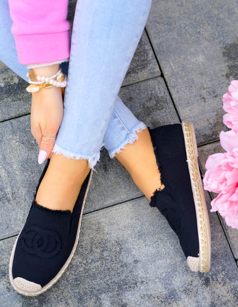 Czarne Espadryle Mokasyny Na Plecionej Podeszwie