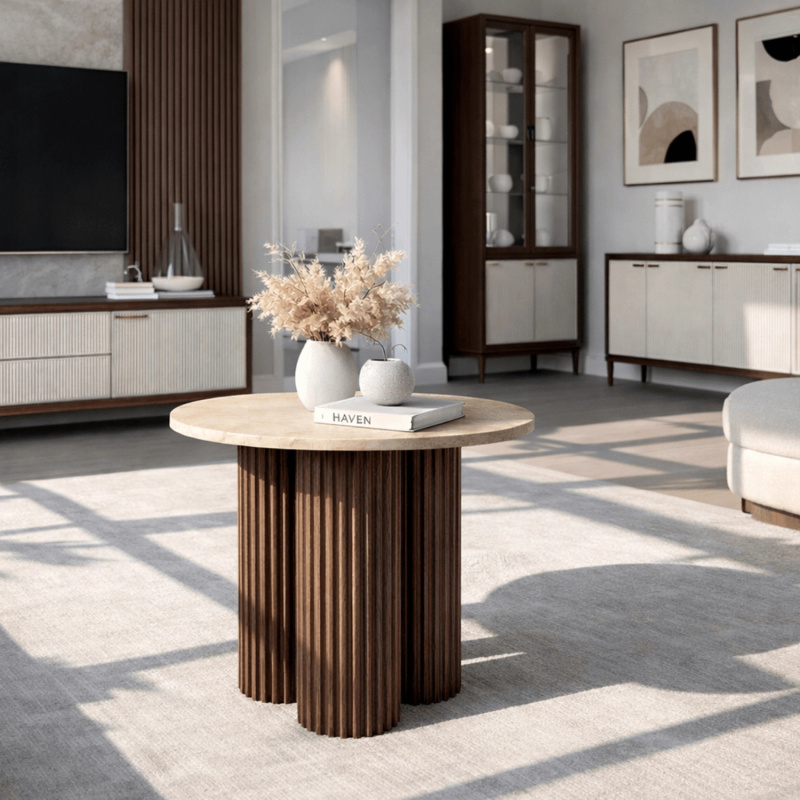 Stolik kawowy okrągły 50 cm do salonu AMELRI z trawertynowym blatem