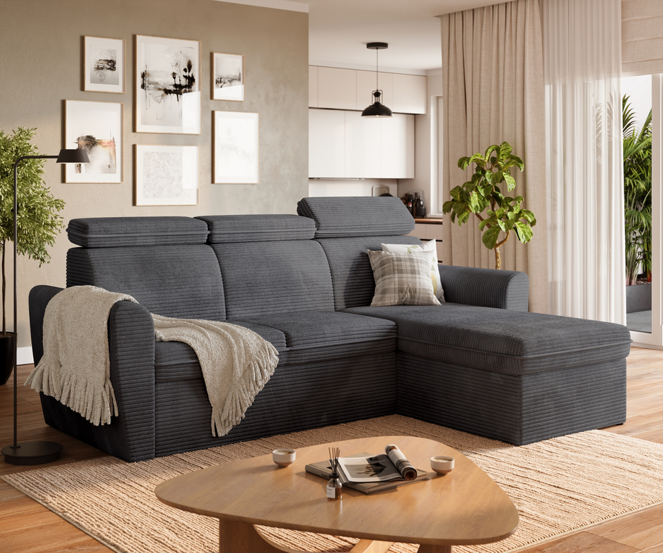 Szary narożnik z funkcją spania i pojemnikiem EVRON