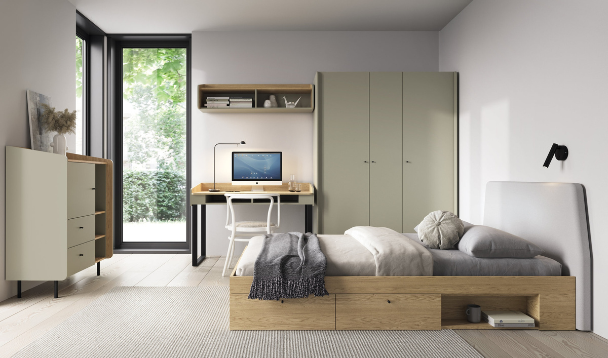 Nowoczesne meble młodzieżowe z łóżkiem ALDENO eukaliptus