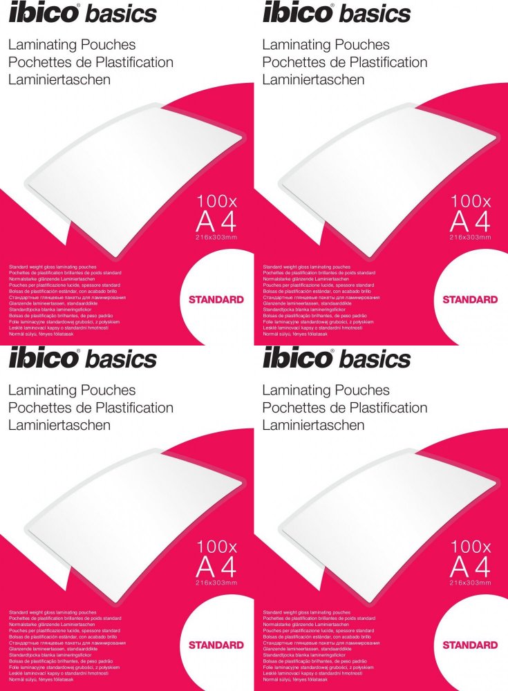 4x Folia do laminowania Ibico, 216x303mm, A4, 2x125 μm, błyszcząca, 100 arkuszy
