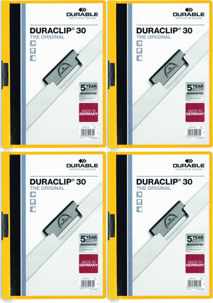 4x Skoroszyt plastikowy z klipsem Durable Duraclip, A4, do 30 kartek, żółty
