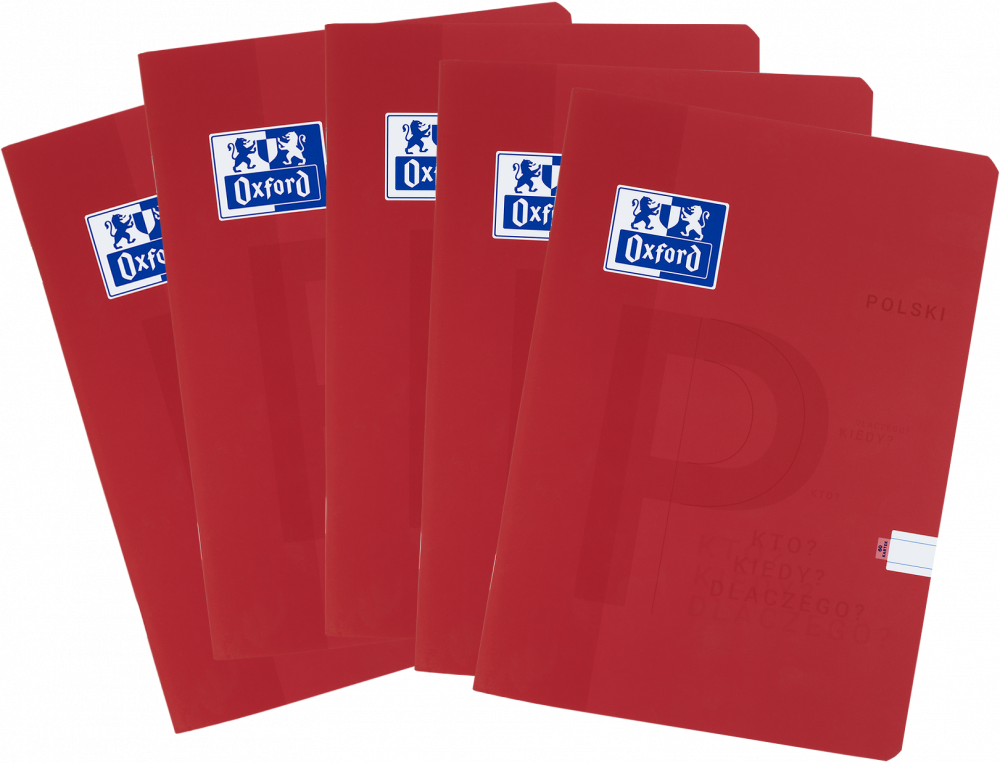 5x Zeszyt przedmiotowy w linie Oxford J. Polski, A5, miękka oprawa, 60 kartek, czerwony